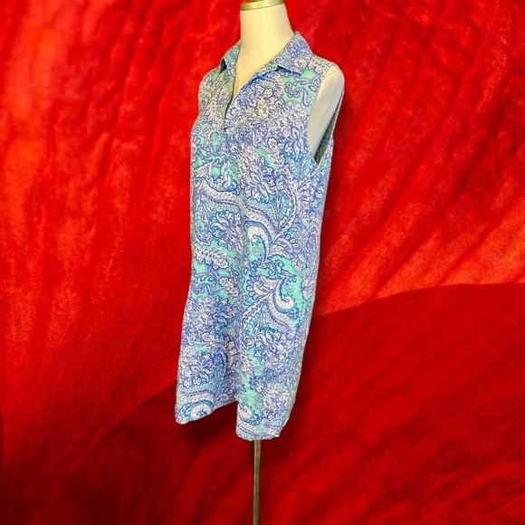 Cynthia Rowley 100% Linen Collared Sleeveless Pullover Dress in Mint Paisley 8 - Picture 4 of 12